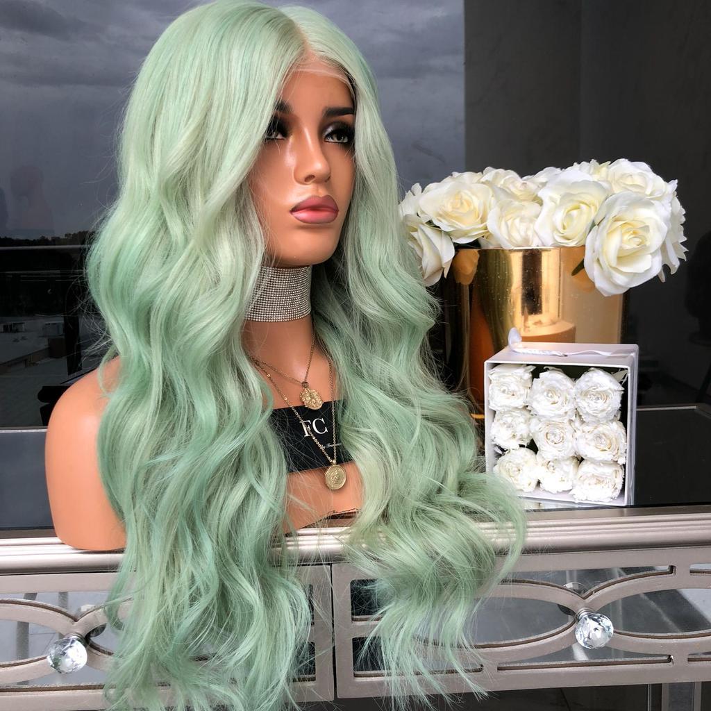 New European And American Wigs For Women Green Color Mid-Length Curly Hair