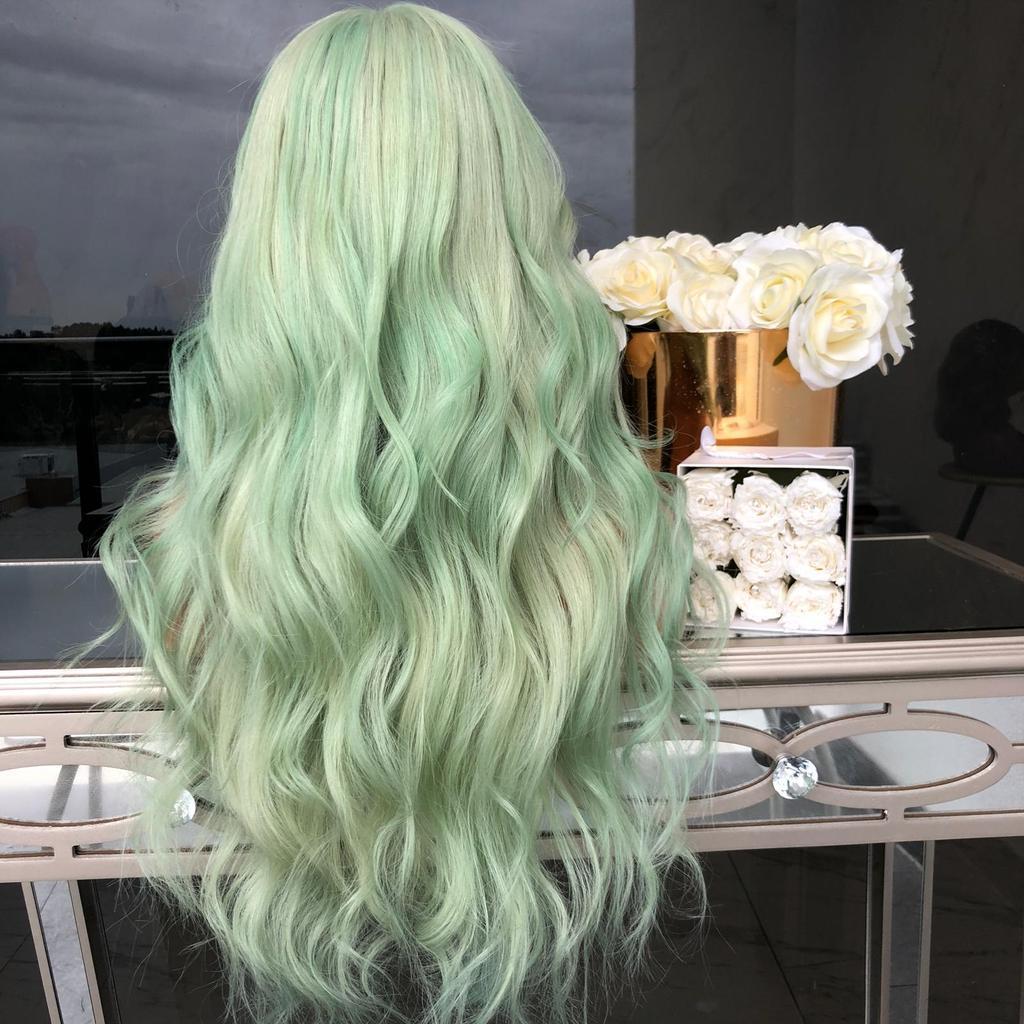 New European And American Wigs For Women Green Color Mid-Length Curly Hair