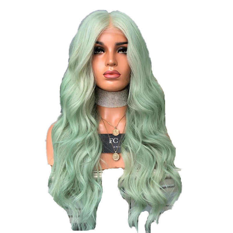 New European And American Wigs For Women Green Color Mid-Length Curly Hair
