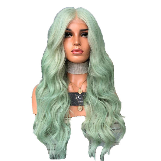 New European And American Wigs For Women Green Color Mid-Length Curly Hair