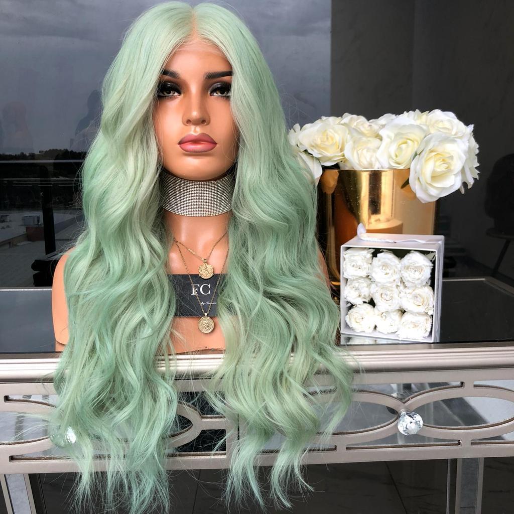 New European And American Wigs For Women Green Color Mid-Length Curly Hair